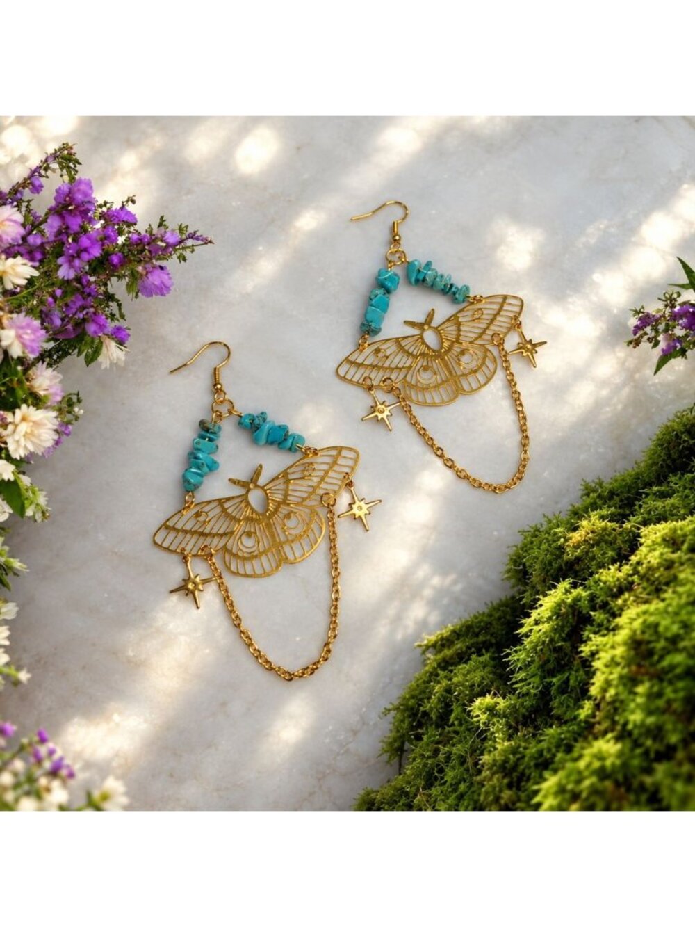 Turquoise Moth Earrings Boho Butterfly Chain Dangle Earrings with Gold Stars